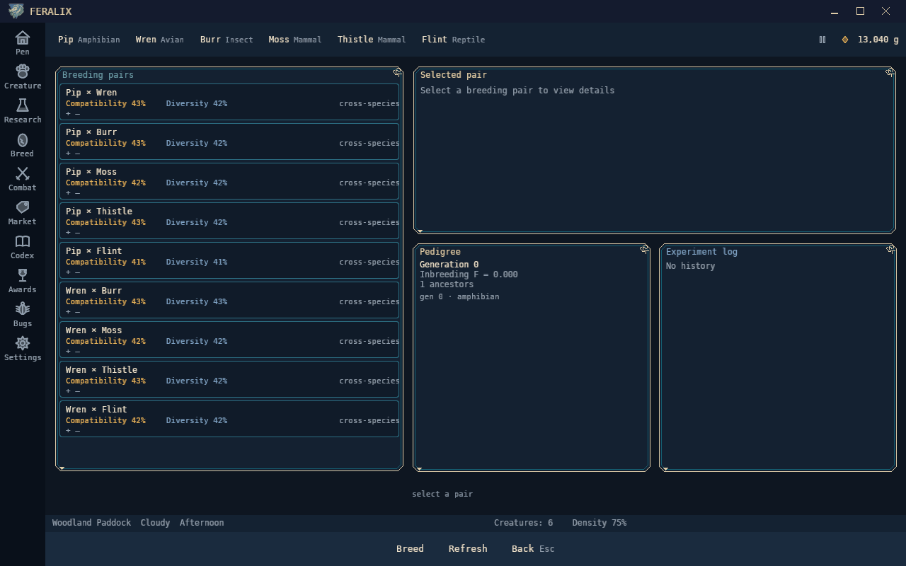 The breeding screen listing possible pairs with their compatibility and genetic diversity.