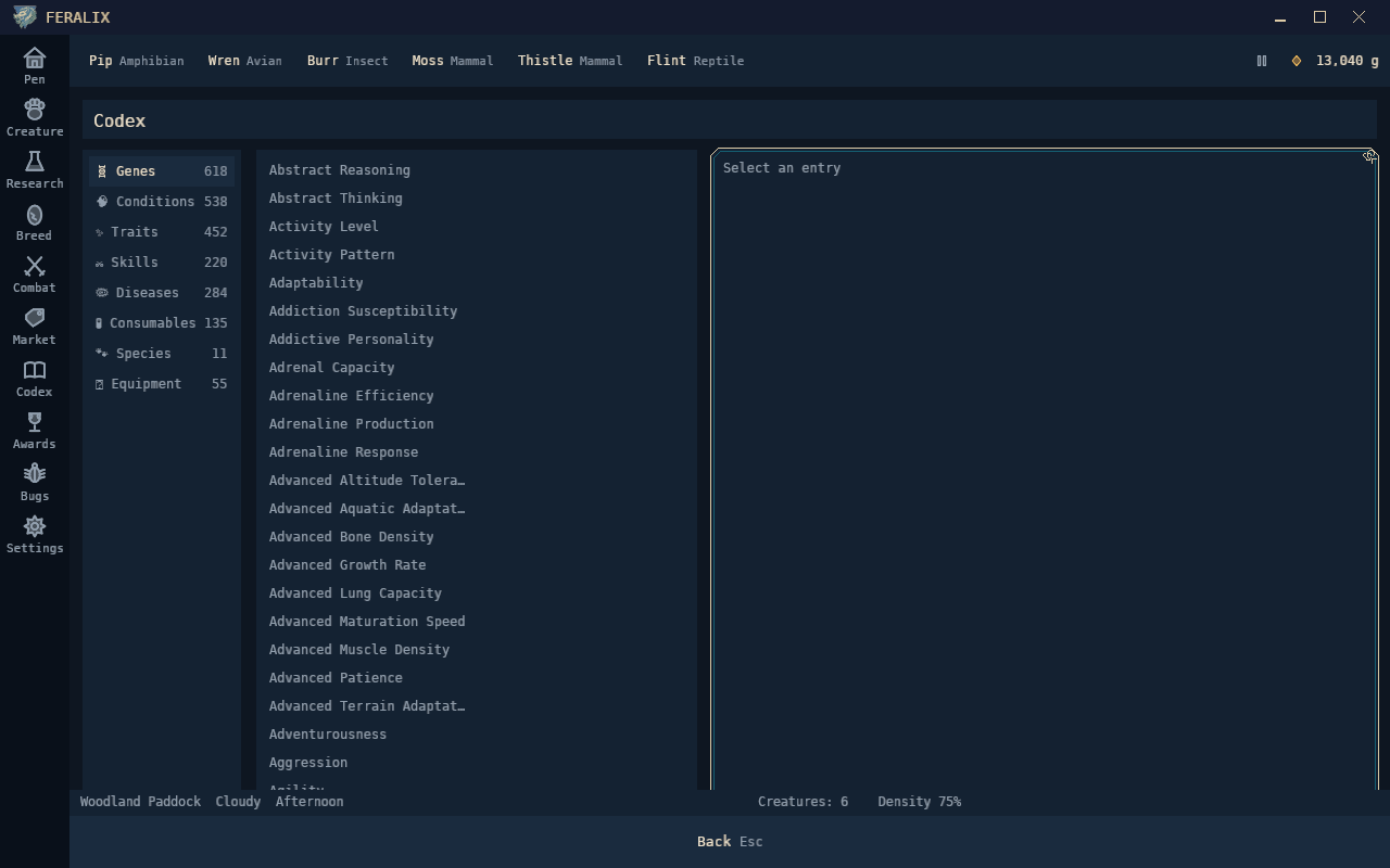 The codex listing genes, conditions, traits, skills, diseases, consumables, species and equipment.