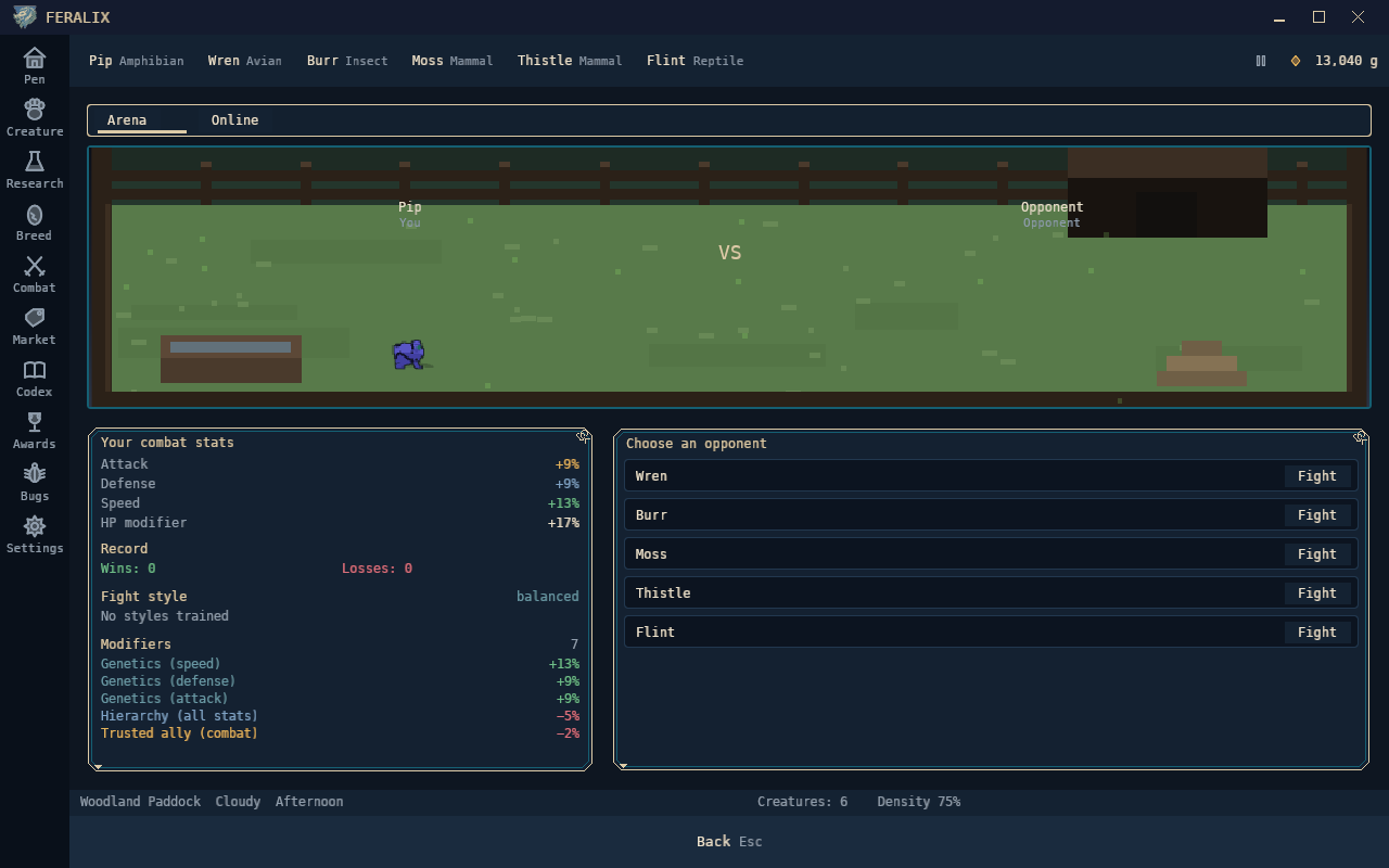The combat screen: the arena, the creature's combat stats with each modifier from its genes and conditions, and a list of opponents.
