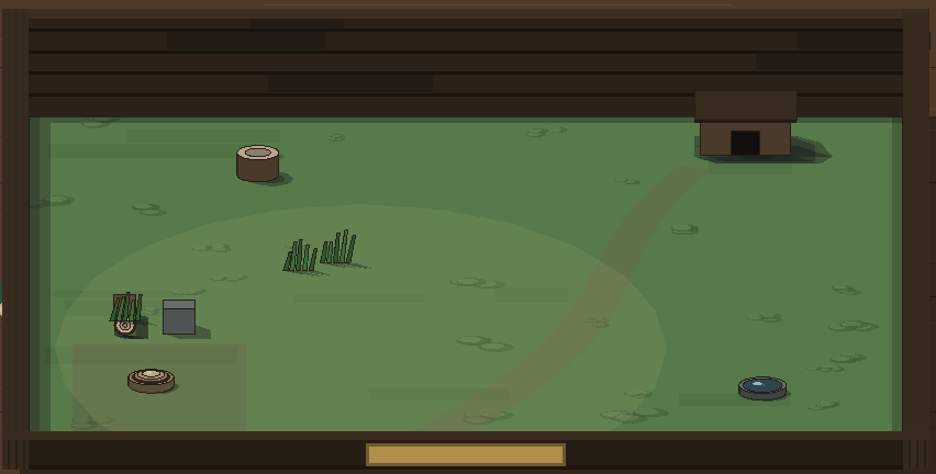 A woodland paddock with grass, a shelter, bowls and a log.