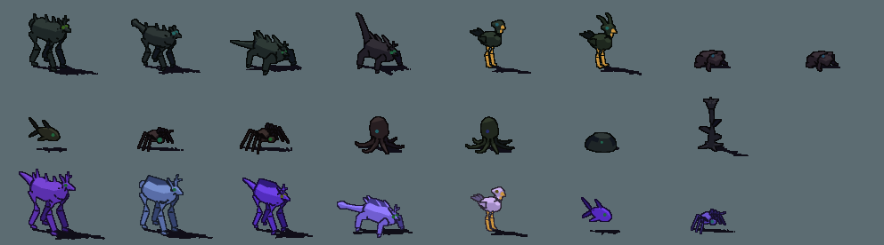 Two rows of near-black melanistic creatures of many types, and a row of blue and violet axanthic ones.