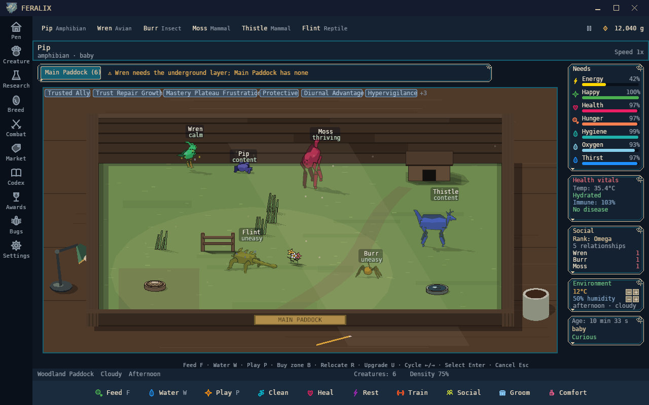 The Feralix pen: six young creatures in a wooden paddock, each a different colour, with a name and mood above each. Panels on the right show the selected creature's needs, health, rank and environment; the care bar runs along the bottom.