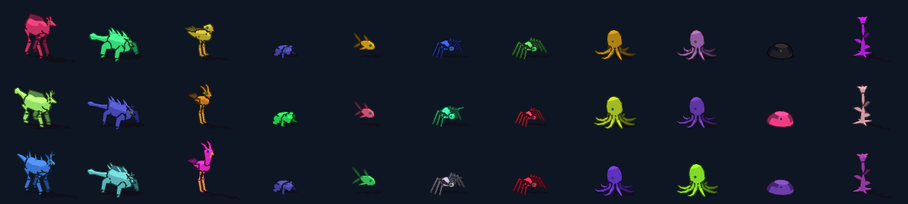 Three rows of creatures, one column for each of the eleven types: mammal, reptile, bird, amphibian, fish, insect, spider, octopus, squid, slime and plant. No two are alike in shape or colour.